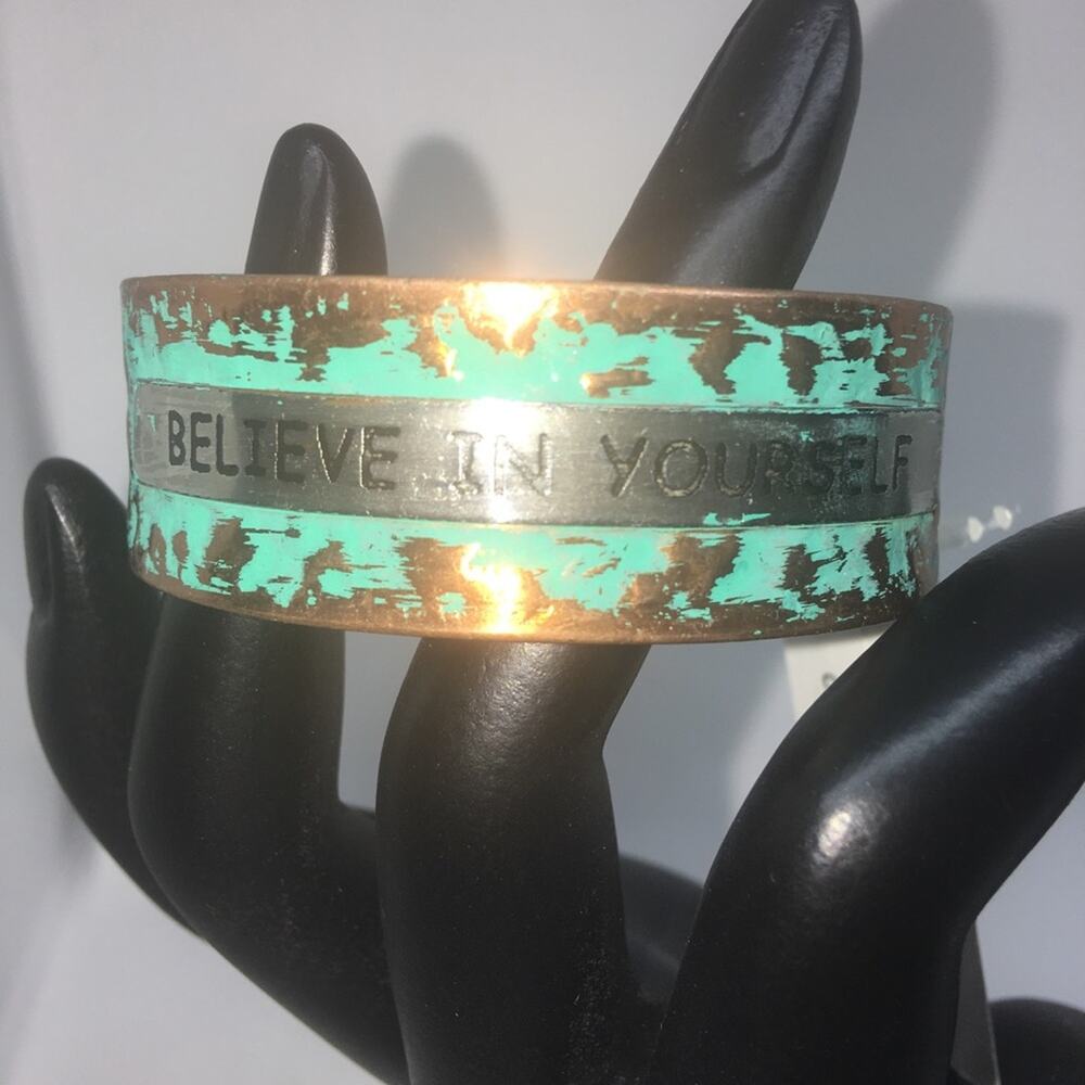 Believe In Yourself Oxidized Cuff Bracelet - Copper, Green - Picture 4 of 7
